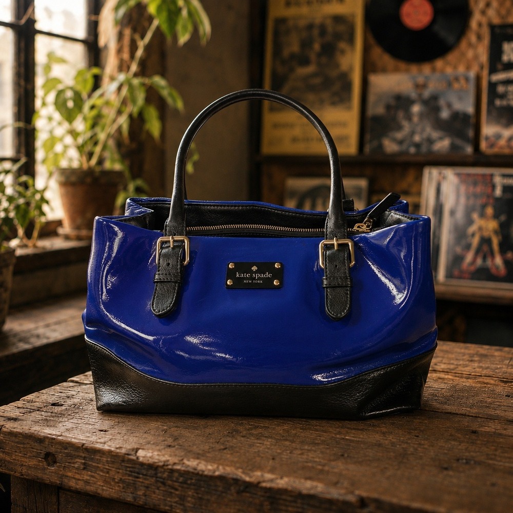 Kate Spade Cobalt Blue Patent Leather Colorblock Satchel Bag Gold Hardware Large
